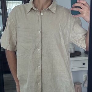 H&M Beige Short-Sleeve Linen Button-Down Shirt